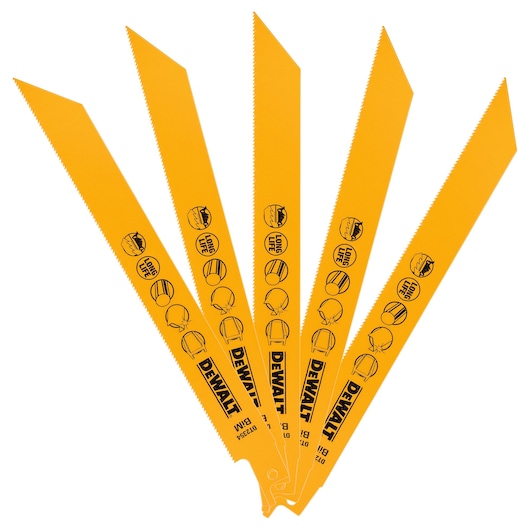 Five yellow DEWALT reciprocating saw blades fanned out, each with icons and text printed on them.