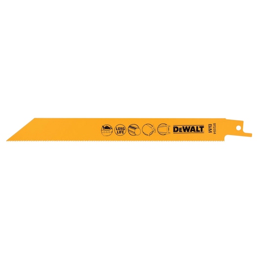 Yellow DEWALT DT2354 reciprocating saw blade for cutting metal, labeled with icons and product information.