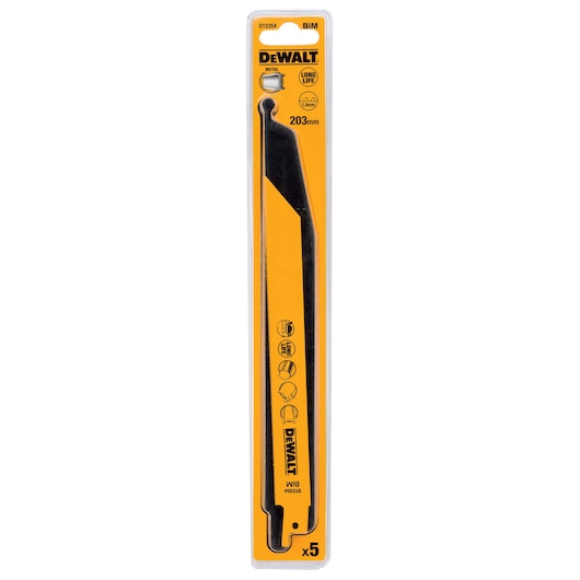 DEWALT DT2354 metal saw blade pack, 203mm length, BiM type, yellow and black packaging, contains 5 blades.