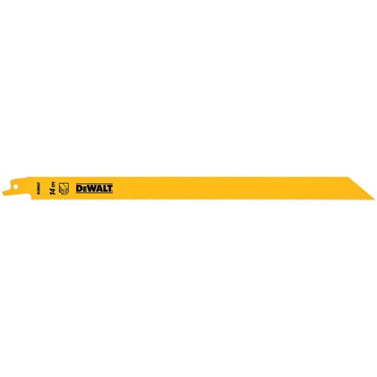 A DEWALT yellow reciprocating saw blade with fine teeth, model DT2355, suitable for cutting metal.