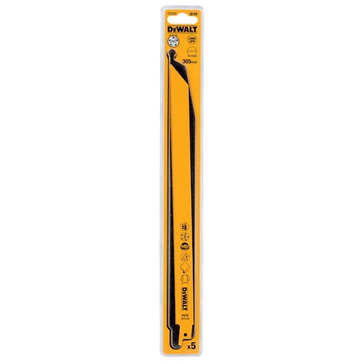 Packaged DEWALT DT2355 reciprocating saw blade set, featuring a yellow backing and containing five blades, designed for cutting materials such as metal and PVC. The packaging displays product information and DEWALT branding.