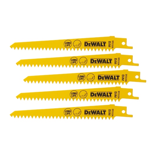 Four yellow DEWALT DT2356 reciprocating saw blades with Long Life text and sharp teeth.