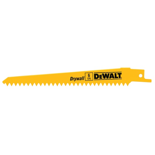 Yellow DEWALT drywall saw blade with sharp teeth and 6 TPI marking for cutting tasks.