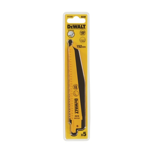 Package containing five DEWALT DT2356 BiM plaster reciprocating saw blades, designed for cutting plaster, with a yellow and black color scheme and labeled for long life, 152mm length.
