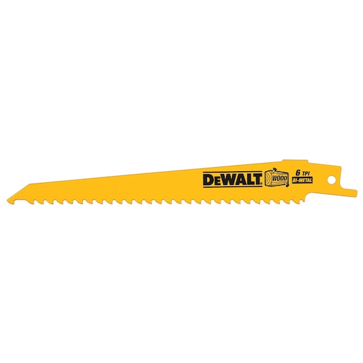 Yellow DEWALT bi-metal reciprocating saw blade for wood, featuring 6 TPI.