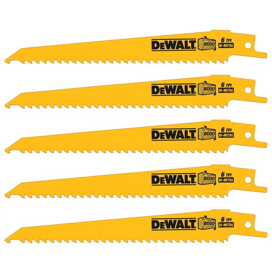 Five yellow DEWALT bi-metal saw blades for wood, 6 TPI, shown in a row.