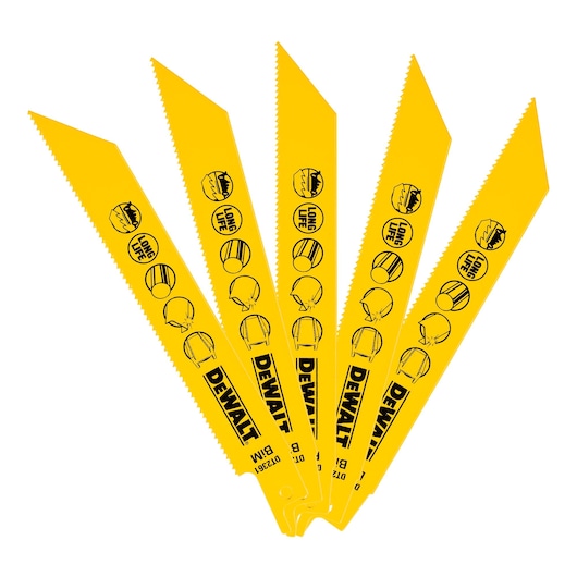 Set of five yellow DEWALT DT2361 saw blades, each with safety and longevity icons printed on them.