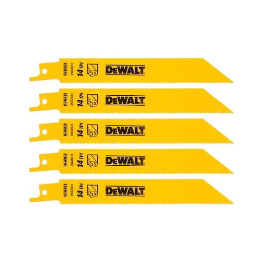 Five yellow DEWALT reciprocating saw blades, model DT2361, aligned in a row on a white background.