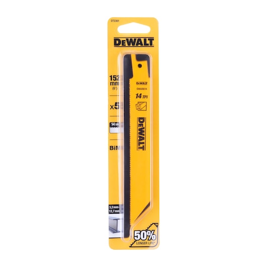 DEWALT DT2361 152mm saw blade in yellow packaging with product details and 50% longer life claim.