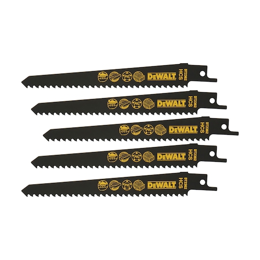 Five DEWALT DT2362 black reciprocating saw blades with yellow logos and material icons, arranged side by side.