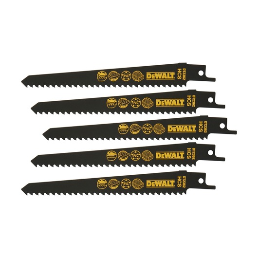 Five DEWALT DT2362 reciprocating saw blades for wood, metal and PVC cutting, black with yellow branding.