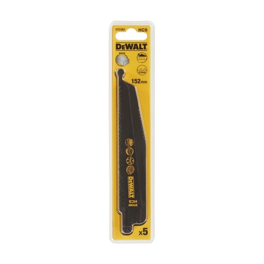Packaged DEWALT DT2362 wood cutting reciprocating saw blade, 152mm length, HCS material, pack of 5 blades, shown on yellow and white backing card.