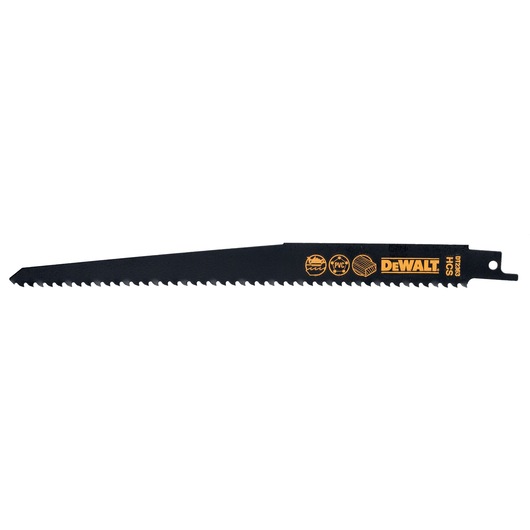 DEWALT DT2363 black reciprocating saw blade for cutting wood and PVC. Sharp teeth, brand logo visible.