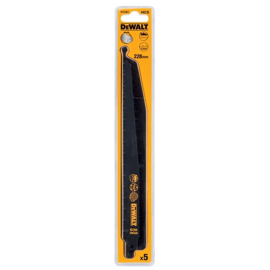 DEWALT DT2363 HCS saw blade for wood, 228mm length, pack of 5, in yellow retail packaging.