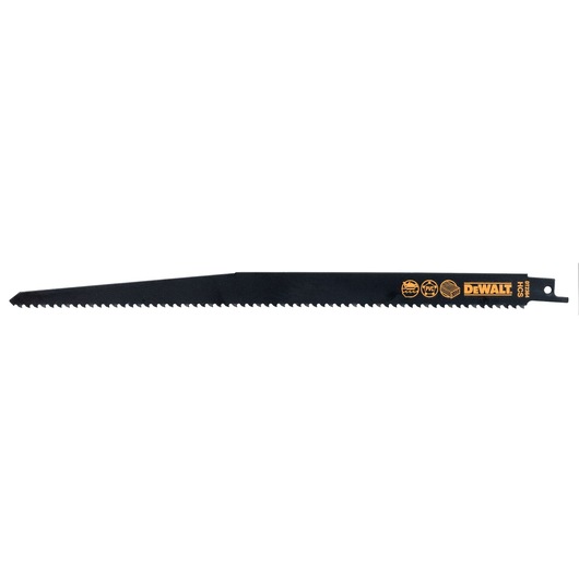 DEWALT DT2364 black reciprocating saw blade with branding and sharp teeth, designed for woodcutting.