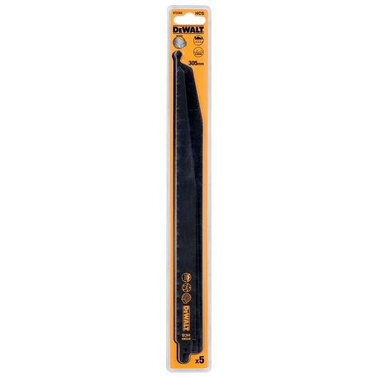 Pack of DEWALT DT2364 reciprocating saw blades, showing five blades in black, in a plastic and cardboard package with orange branding, length 305mm.