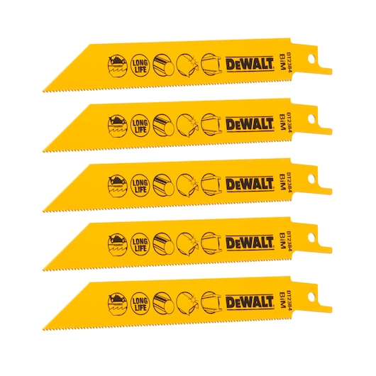 Four yellow DEWALT DT2384 reciprocating saw blades arranged in a row, each with printed icons and product details.