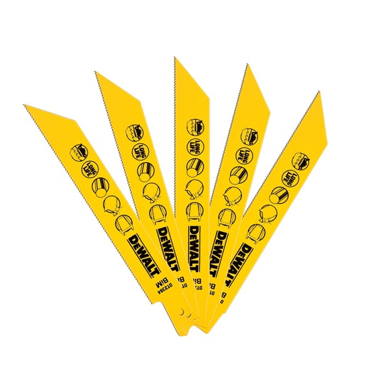 Five yellow DEWALT reciprocating saw blades arranged in a fan shape, each with safety icons printed on them.