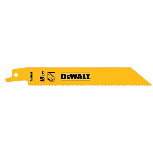 DEWALT yellow reciprocating saw blade with 18 TPI, shown on a white background.