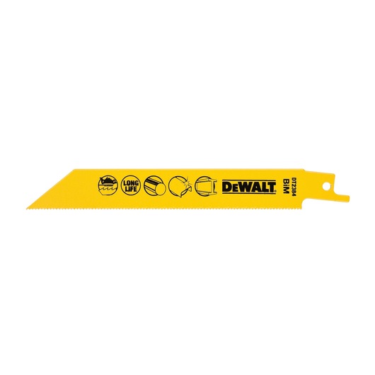 Yellow DEWALT DT2384 reciprocating saw blade with icons indicating usage and 'long life' feature.