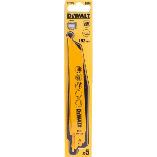 DEWALT DT2384 BiM reciprocating saw blade pack for metal cutting, 152mm length, yellow and black packaging, contains five blades.