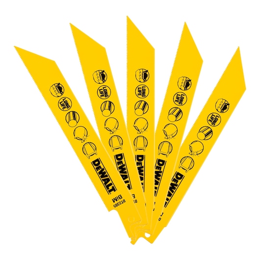 Five yellow DEWALT DT2385 saw blades with safety icons, fanned out on a white background.