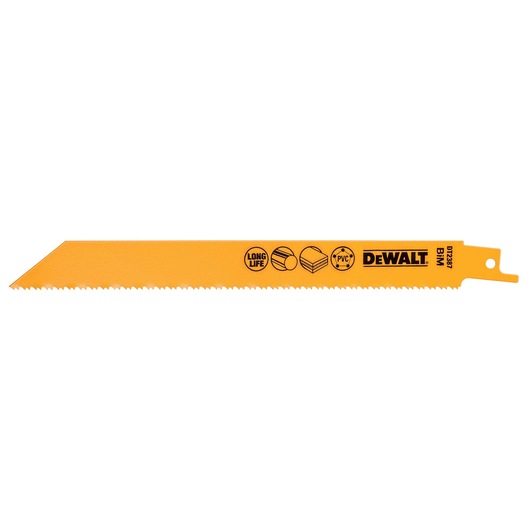 Yellow DEWALT DT2387 reciprocating saw blade with icons for metal, PVC, and long life.