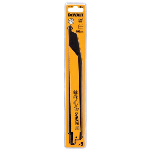 Packaged DEWALT DT2387 BIM reciprocating saw blade, 203mm length, designed for cutting plastic and PVC, shown in a yellow and black blister pack with product details and icons.