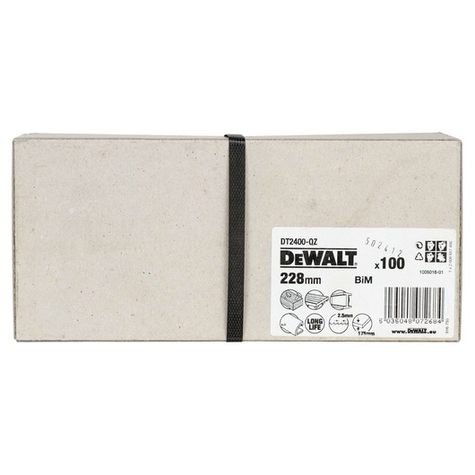 A rectangular package of DEWALT DT2400-QZ Bi-Metal saw blades, containing 100 blades of 228mm length. The box is beige with a black strap and features a product label describing specifications and usage icons.