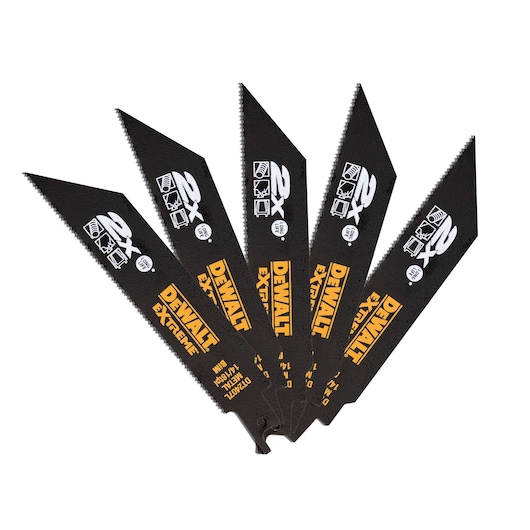 Five DEWALT DT2407L reciprocating saw blades, black with yellow text, arranged in a fan shape.