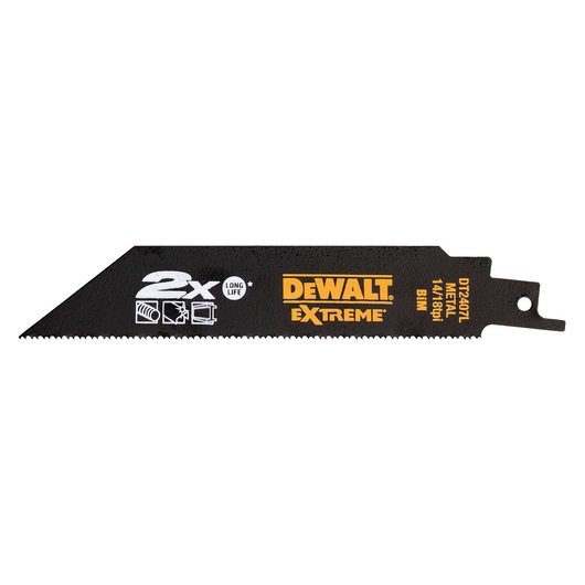 DEWALT DT2407L Extreme metal saw blade with serrated edge and product markings, black and yellow design.