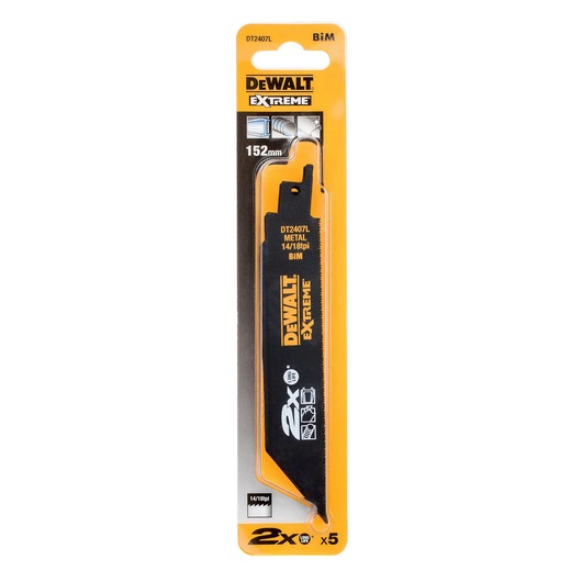 Packaged DEWALT EXTREME metal cutting reciprocating saw blade, model DT2407L, 152mm length, labeled BiM with cutting details and product information shown on yellow and black packaging.