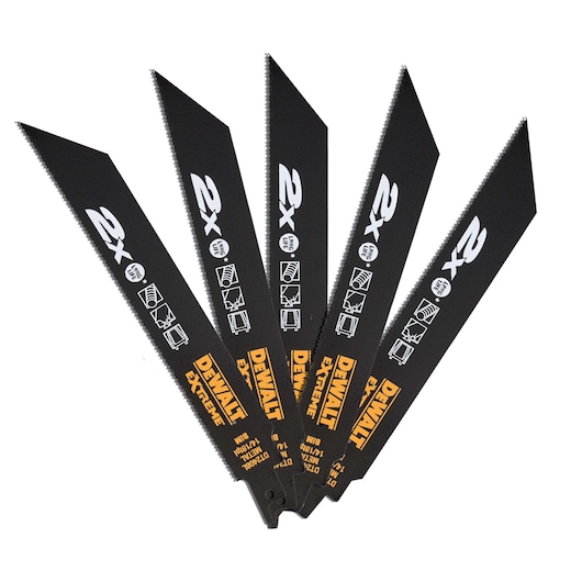 Five DEWALT black reciprocating saw blades fanned out, with yellow and white branding and icons.