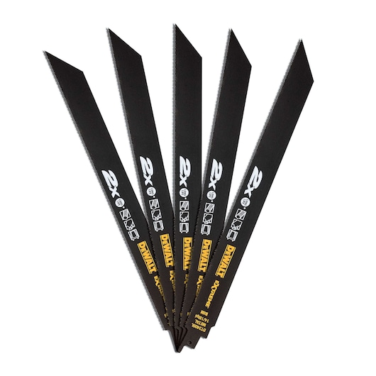 Five black DEWALT reciprocating saw blades arranged in a fan shape.