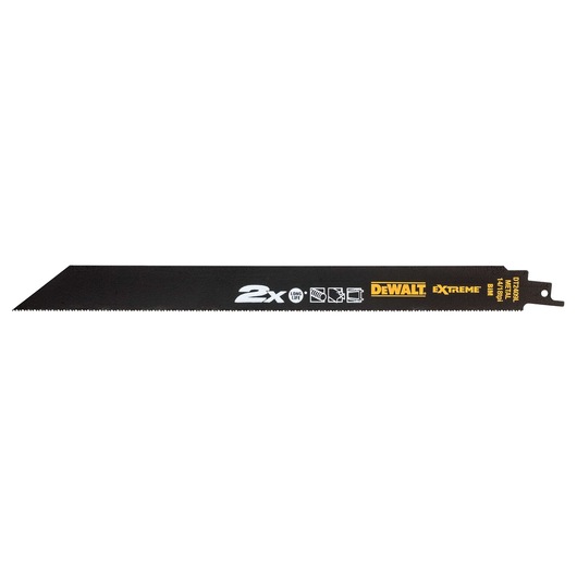 A DEWALT Extreme reciprocating saw blade, black in color, with saw teeth along one edge. The blade features branding, product information, and icons indicating usage for cutting wood and metal. Model number DT2409L is visible.