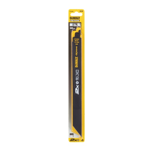 A DEWALT Extreme reciprocating saw blade for metal cutting, 305mm long, packaged in a yellow and black blister pack. The blade is labeled with product information and usage icons.