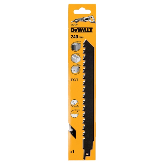DEWALT DT2420 saw blade 240mm, TCT, packaged for cutting brick, poroton, fibre cement. Yellow branded pack.