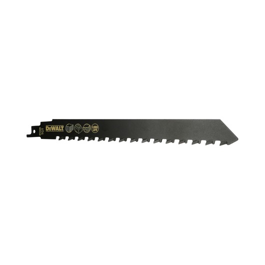 DEWALT DT2420 reciprocating saw blade for wood and demolition, with wide teeth and long life design.