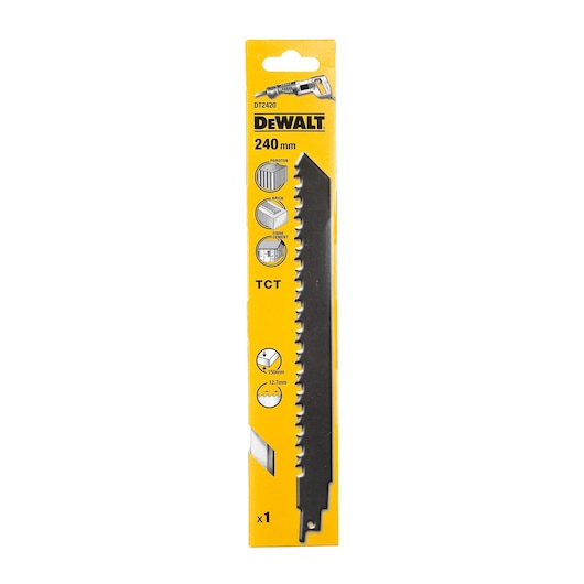 DEWALT DT2420 240mm saw blade for cutting wood, brick, and fiber cement. Packaging shows product features.