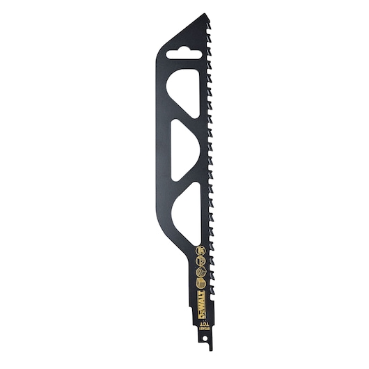 DEWALT DT2421 black reciprocating saw blade with angled tip and wide teeth for cutting.