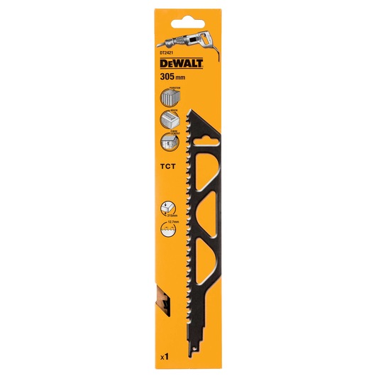 DEWALT DT2421 305mm saw blade for cutting construction materials, shown in orange packaging.