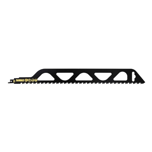 DEWALT DT2422 black reciprocating saw blade with angled teeth for cutting, shown against a white background.