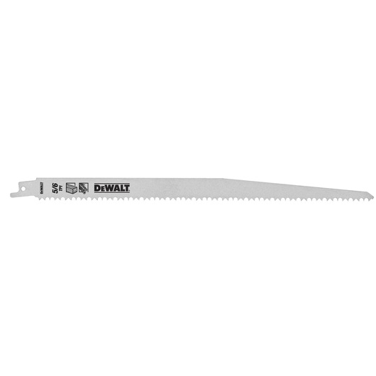 DEWALT DT2432 reciprocating saw blade for wood and metal, with serrated edge and product label visible.