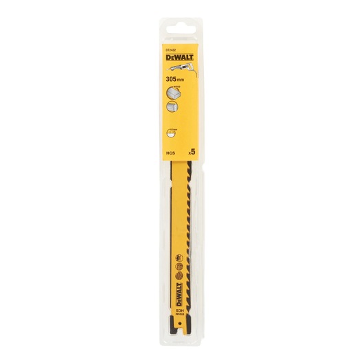 DEWALT DT2432 305mm reciprocating saw blade set for wood, in yellow retail packaging.