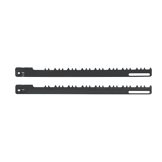 Two DEWALT DT2961 saw blades with jagged teeth, laid flat on a white background.