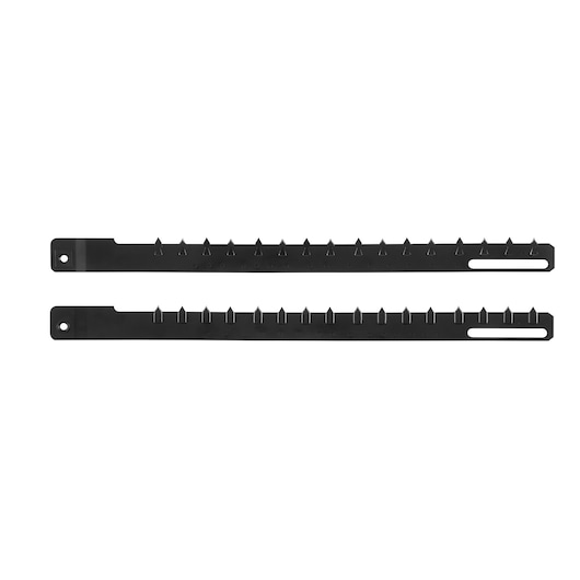 Two black metal replacement blades for a photography-related tool or equipment, each with a row of pointed teeth and fixing holes on one end.