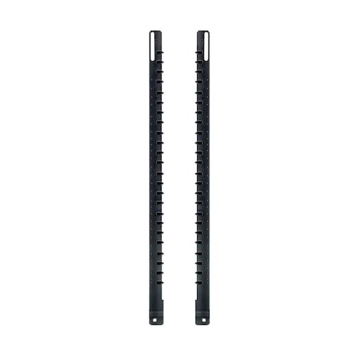 Two black DEWALT replacement guide bars for chainsaws, shown side by side on a white background.