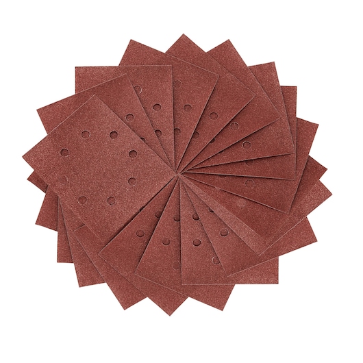 Stack of rectangular brown sanding sheets with holes, arranged in a circular pattern on a white background.
