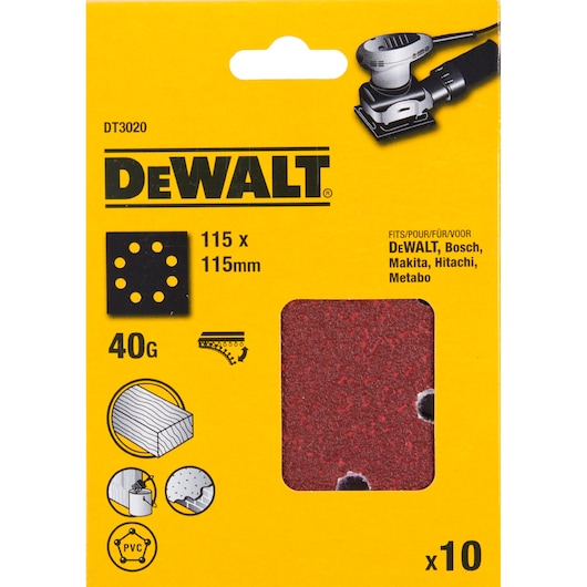 Front view of a DEWALT DT3020 package with 10 sanding sheets, 115 x 115 mm, 40 grit. Suitable for DEWALT, Bosch, Makita, Hitachi, and Metabo sanders. The packaging is yellow and features product details and illustrations.