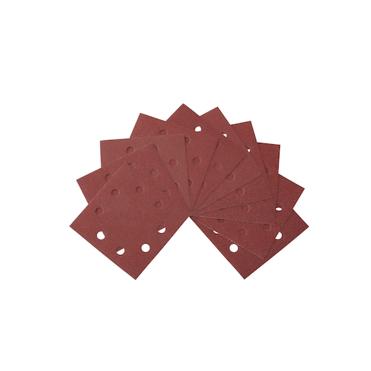 Set of rectangular sanding sheets with multiple holes, fanned out on a white background.